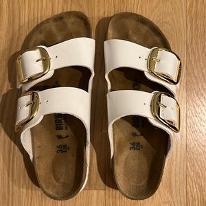 Birkenstock Big Buckle Arizona Birko-Flor White Patent Gold Buckle size 36/6
